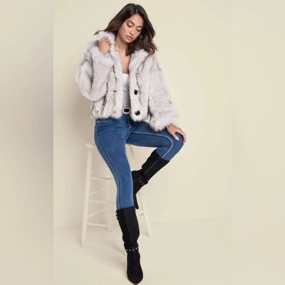 Elegant Gray Faux Fur Jacket